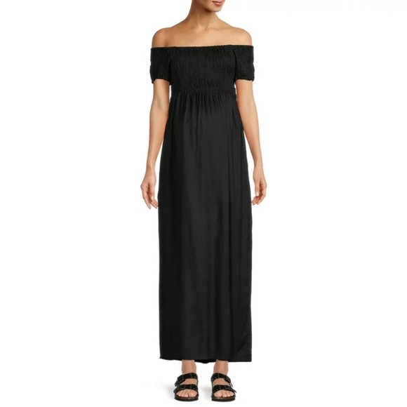 Times two Black Maternity Off- shoulder smocked Maxi Dress/NWT/Large - Picture 1 of 9